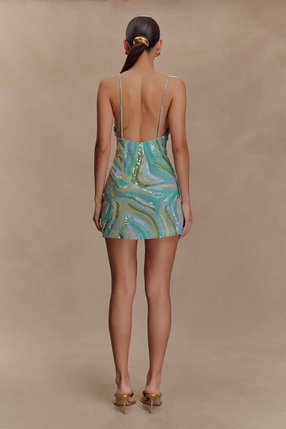 Eloise Hand Beaded Mini Dress – Blue Swirl Print Eloise Hand Beaded Mini Dress – Blue Swirl Print