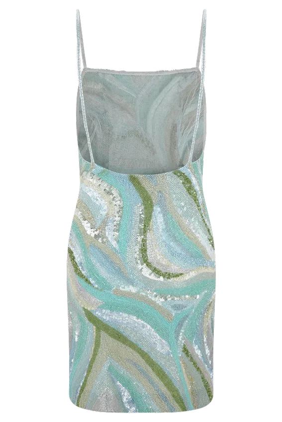 Eloise Hand Beaded Mini Dress – Blue Swirl Print Eloise Hand Beaded Mini Dress – Blue Swirl Print