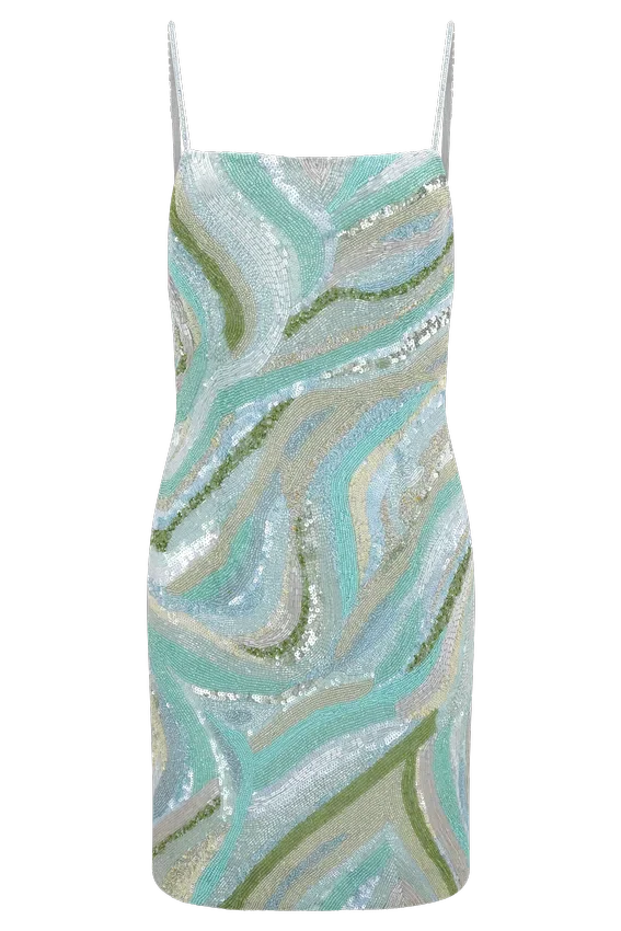 Eloise Hand Beaded Mini Dress – Blue Swirl Print Eloise Hand Beaded Mini Dress – Blue Swirl Print