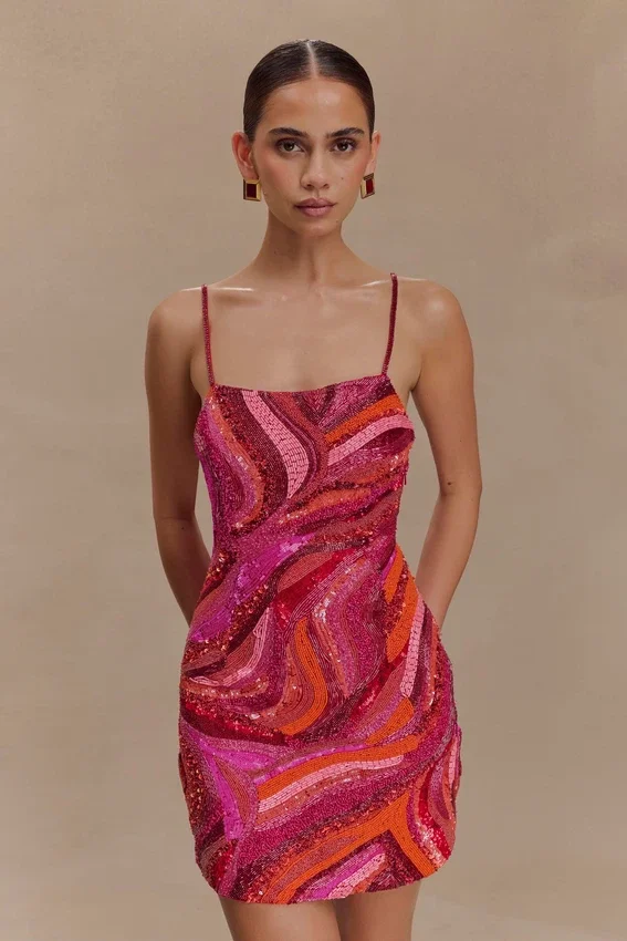 Eloise Hand Beaded Mini Dress – Pink Swirl Print Eloise Hand Beaded Mini Dress – Pink Swirl Print