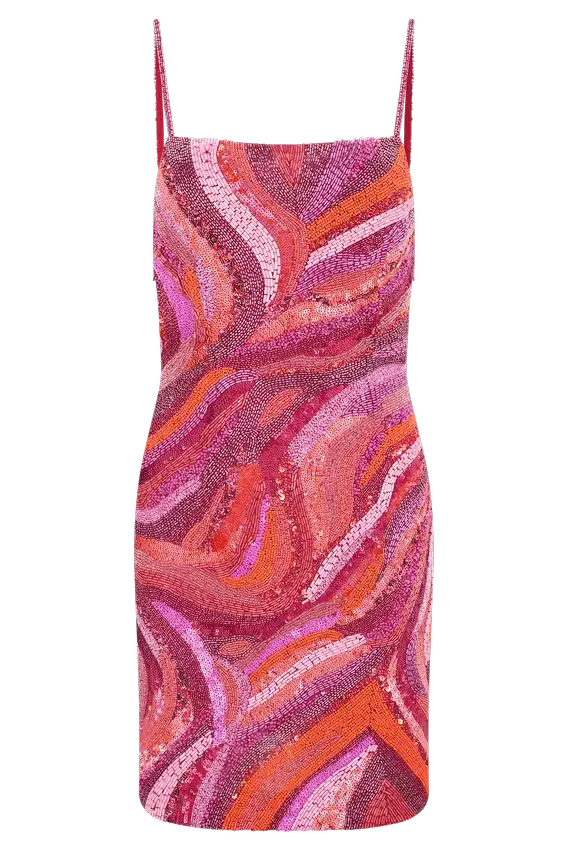 Eloise Hand Beaded Mini Dress – Pink Swirl Print Eloise Hand Beaded Mini Dress – Pink Swirl Print