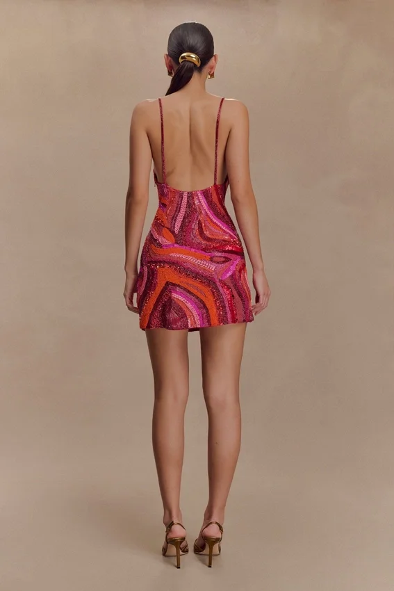 Eloise Hand Beaded Mini Dress – Pink Swirl Print Eloise Hand Beaded Mini Dress – Pink Swirl Print