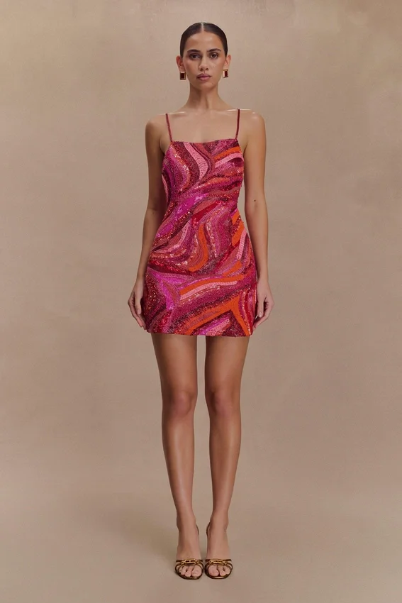 Eloise Hand Beaded Mini Dress – Pink Swirl Print Eloise Hand Beaded Mini Dress – Pink Swirl Print