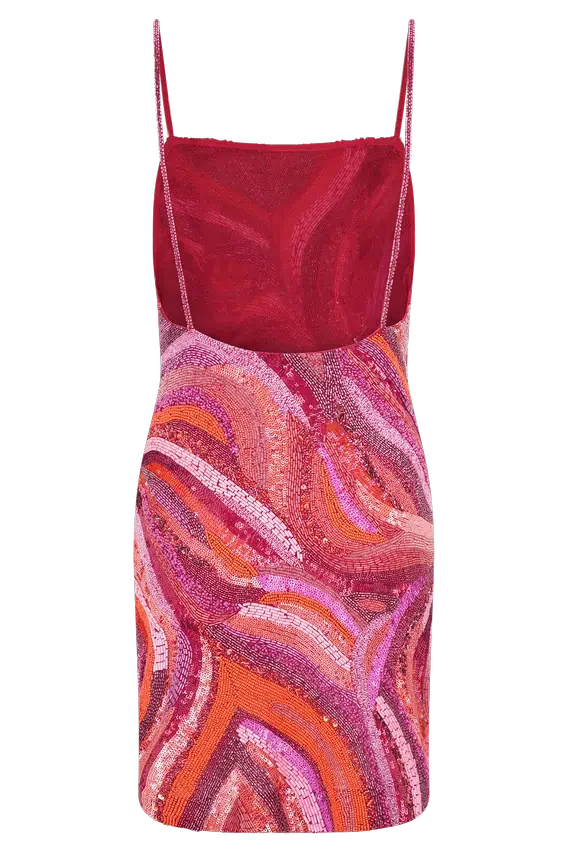 Eloise Hand Beaded Mini Dress – Pink Swirl Print Eloise Hand Beaded Mini Dress – Pink Swirl Print