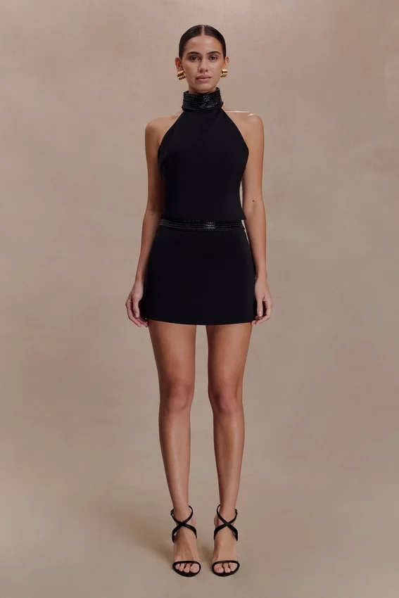 Emilia Beaded Waistband Mini Skirt – Black Emilia Beaded Waistband Mini Skirt – Black