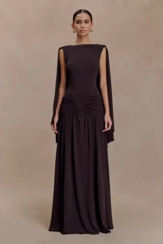 Emory Jersey Cape Maxi Dress – Chocolate