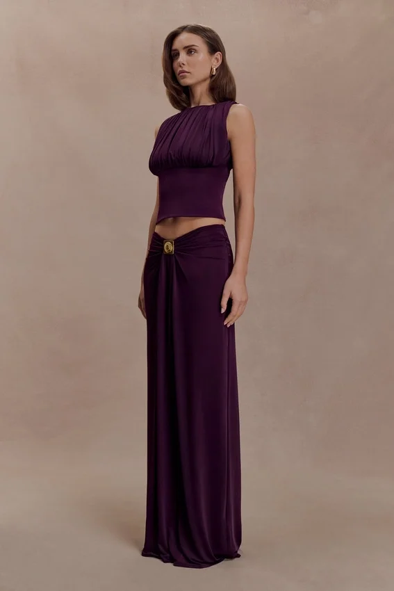 Erina Slinky Ruched Maxi Skirt With Hardware – Aubergine Erina Slinky Ruched Maxi Skirt With Hardware – Aubergine