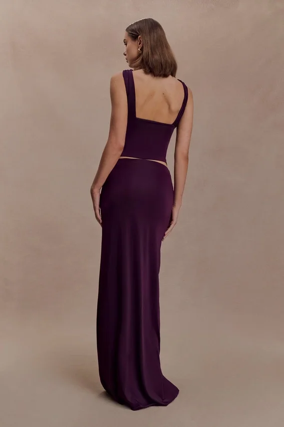 Erina Slinky Ruched Maxi Skirt With Hardware – Aubergine Erina Slinky Ruched Maxi Skirt With Hardware – Aubergine