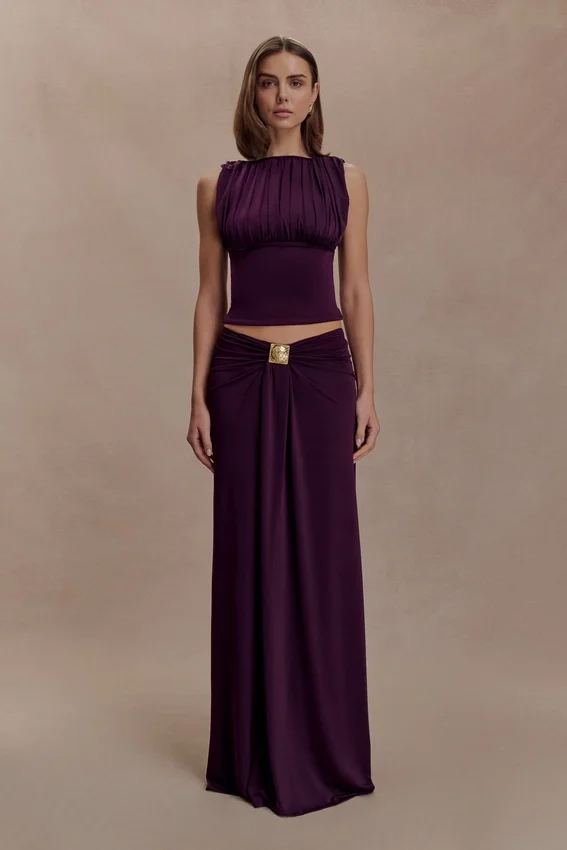 Erina Slinky Ruched Maxi Skirt With Hardware – Aubergine Erina Slinky Ruched Maxi Skirt With Hardware – Aubergine