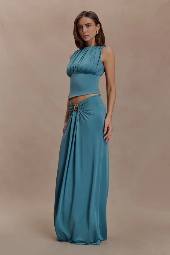 Erina Slinky Ruched Maxi Skirt With Hardware – Teal Erina Slinky Ruched Maxi Skirt With Hardware – Teal