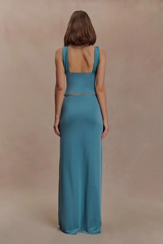 Erina Slinky Ruched Maxi Skirt With Hardware – Teal Erina Slinky Ruched Maxi Skirt With Hardware – Teal