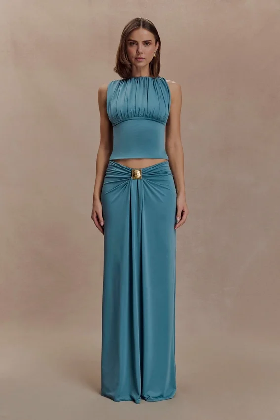 Erina Slinky Ruched Maxi Skirt With Hardware – Teal Erina Slinky Ruched Maxi Skirt With Hardware – Teal