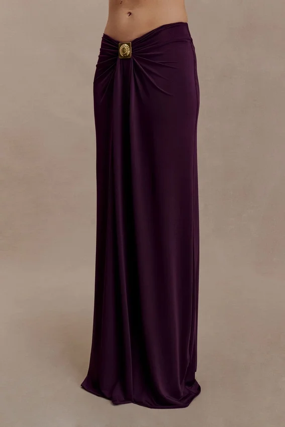 Erina Slinky Ruched Maxi Skirt With Hardware – Aubergine Erina Slinky Ruched Maxi Skirt With Hardware – Aubergine