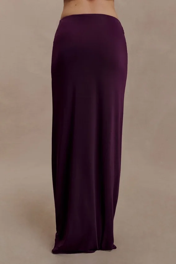 Erina Slinky Ruched Maxi Skirt With Hardware – Aubergine Erina Slinky Ruched Maxi Skirt With Hardware – Aubergine