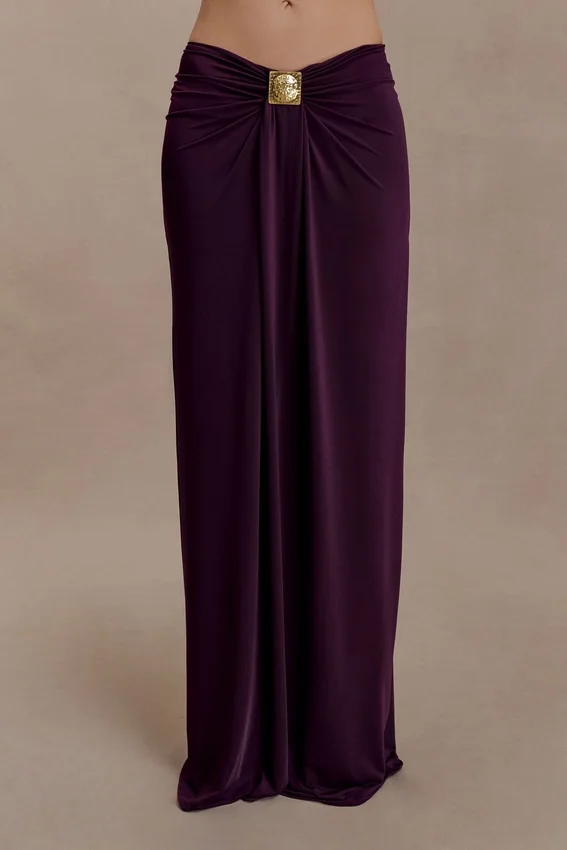 Erina Slinky Ruched Maxi Skirt With Hardware – Aubergine Erina Slinky Ruched Maxi Skirt With Hardware – Aubergine