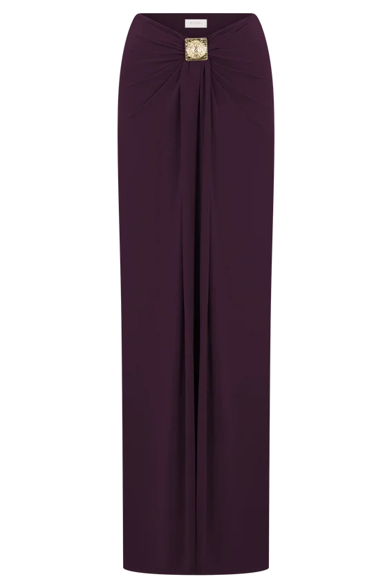 Erina Slinky Ruched Maxi Skirt With Hardware – Aubergine Erina Slinky Ruched Maxi Skirt With Hardware – Aubergine