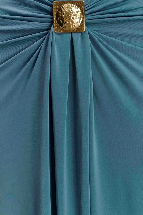 Erina Slinky Ruched Maxi Skirt With Hardware – Teal Erina Slinky Ruched Maxi Skirt With Hardware – Teal