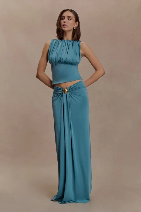 Erina Slinky Ruched Maxi Skirt With Hardware – Teal Erina Slinky Ruched Maxi Skirt With Hardware – Teal