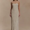 Eva Hand Beaded Pearl & Lace Maxi Dress – White