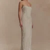 Eva Hand Beaded Pearl & Lace Maxi Dress – White