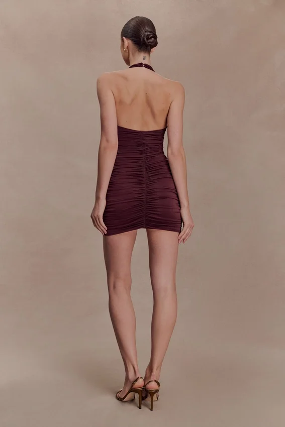 Fleur Ruched Slinky Mini Dress – Mahogany Fleur Ruched Slinky Mini Dress – Mahogany