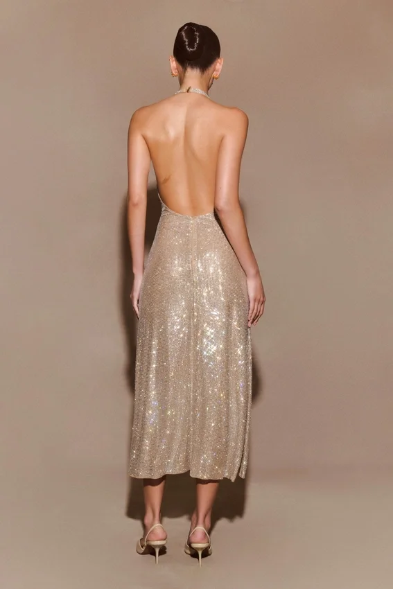 Genie Diamante Halter Midi Dress – Nude Genie Diamante Halter Midi Dress – Nude