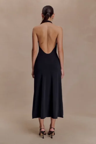 Genie Slinky Halter Midi Dress – Black