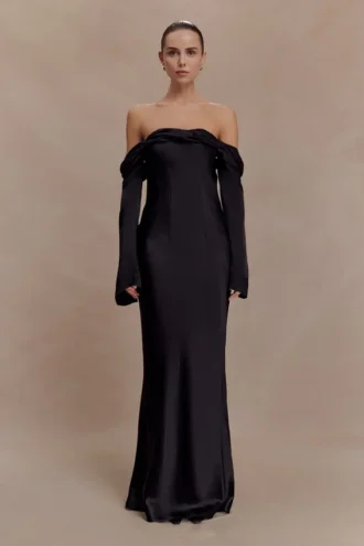 Giselle Off Shoulder Cowl Neck Maxi Dress – Black