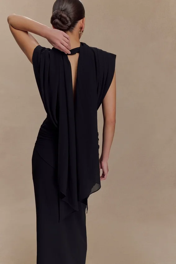 Giulia Chiffon Draped Maxi Dress – Black Giulia Chiffon Draped Maxi Dress – Black