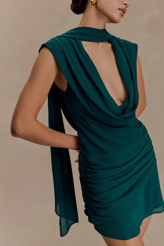Giulia Chiffon Draped Mini Dress – Dark Emerald Giulia Chiffon Draped Mini Dress – Dark Emerald
