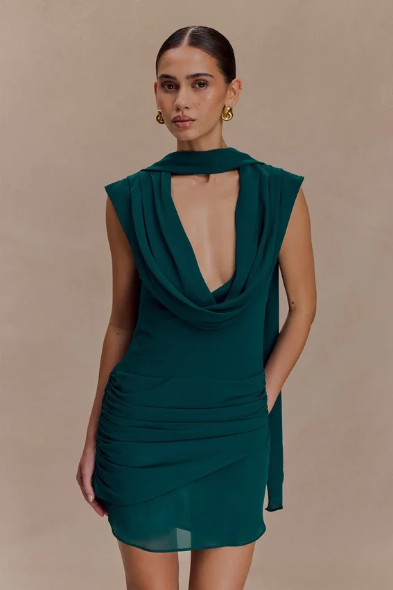 Giulia Chiffon Draped Mini Dress – Dark Emerald Giulia Chiffon Draped Mini Dress – Dark Emerald