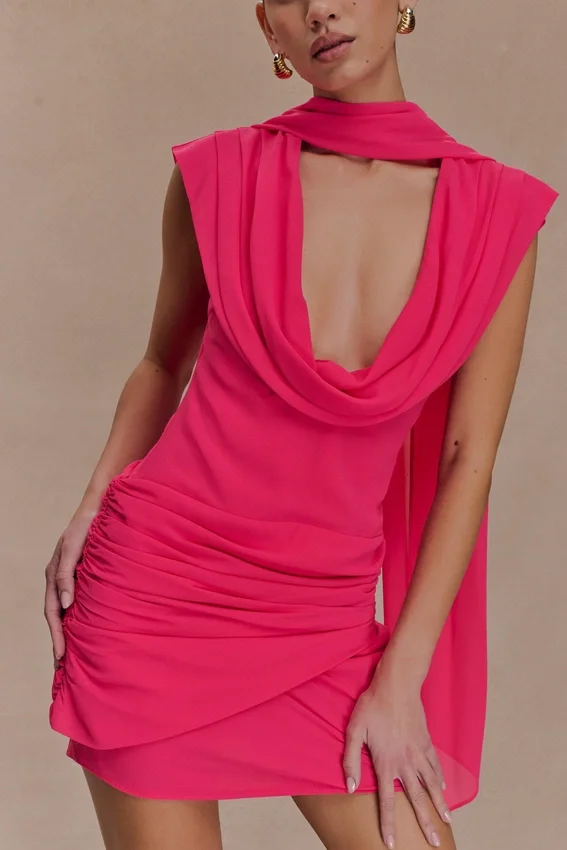 Giulia Chiffon Draped Mini Dress – Raspberry Giulia Chiffon Draped Mini Dress – Raspberry