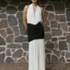 Hailee Slinky And Mesh Halter Maxi Dress – Black/White