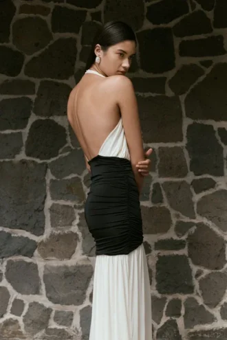 Hailee Slinky And Mesh Halter Maxi Dress – Black/White