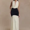 Hailee Slinky And Mesh Halter Maxi Dress – Black/White