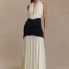 Hailee Slinky And Mesh Halter Maxi Dress – Black/White
