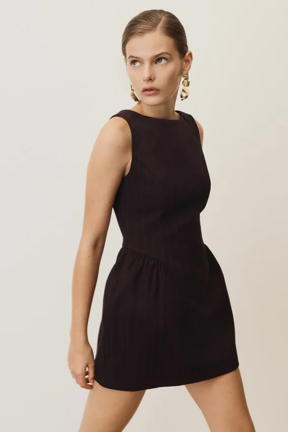 Hallie Boat Neck Mini Dress – Plum Pinstripe Hallie Boat Neck Mini Dress – Plum Pinstripe