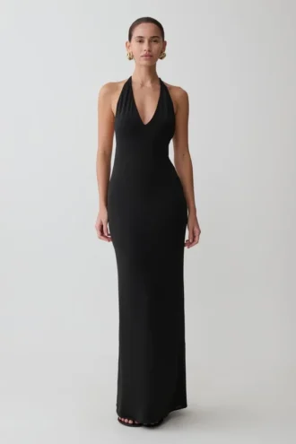 Hana Slinky Plunge Maxi Dress – Black