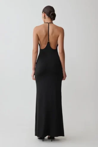 Hana Slinky Plunge Maxi Dress – Black