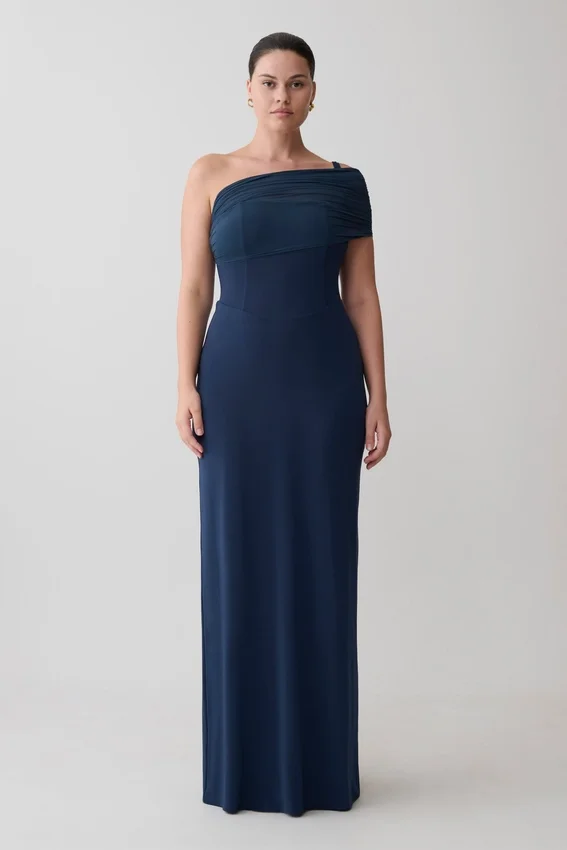 Hanh One Shoulder Mesh Maxi Dress – Ink Blue Hanh One Shoulder Mesh Maxi Dress – Ink Blue