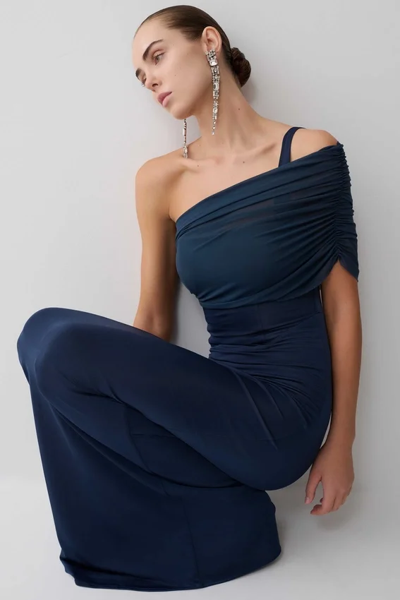 Hanh One Shoulder Mesh Maxi Dress – Ink Blue Hanh One Shoulder Mesh Maxi Dress – Ink Blue
