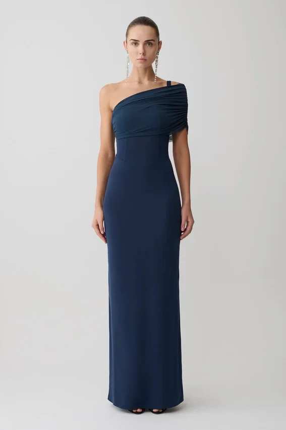 Hanh One Shoulder Mesh Maxi Dress – Ink Blue Hanh One Shoulder Mesh Maxi Dress – Ink Blue