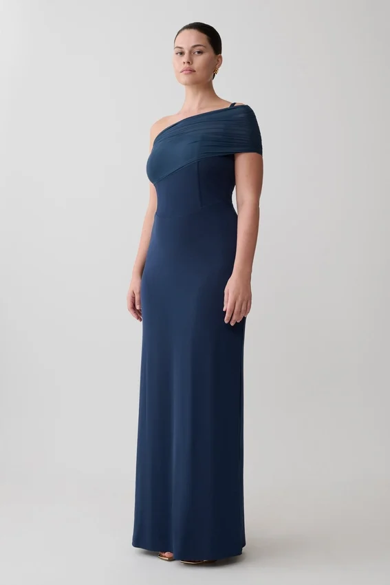 Hanh One Shoulder Mesh Maxi Dress – Ink Blue Hanh One Shoulder Mesh Maxi Dress – Ink Blue