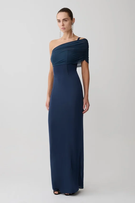 Hanh One Shoulder Mesh Maxi Dress – Ink Blue Hanh One Shoulder Mesh Maxi Dress – Ink Blue