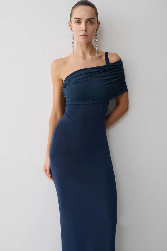 Hanh One Shoulder Mesh Maxi Dress – Ink Blue Hanh One Shoulder Mesh Maxi Dress – Ink Blue