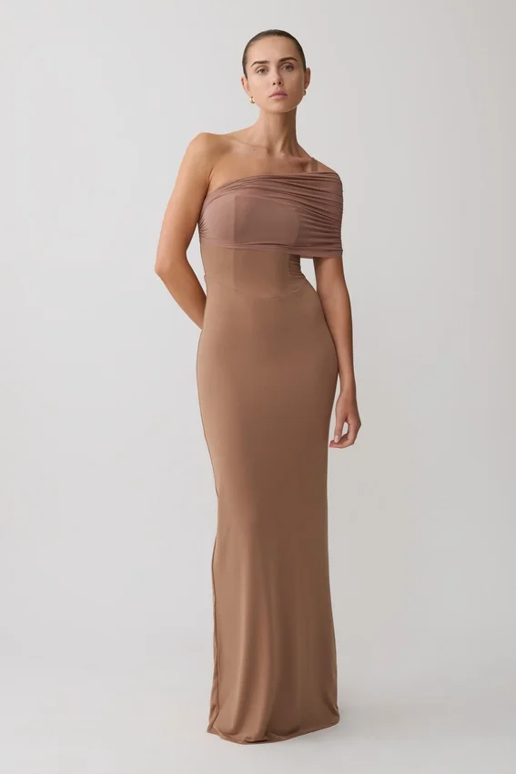 Hanh One Shoulder Mesh Maxi Dress – Tan Hanh One Shoulder Mesh Maxi Dress – Tan