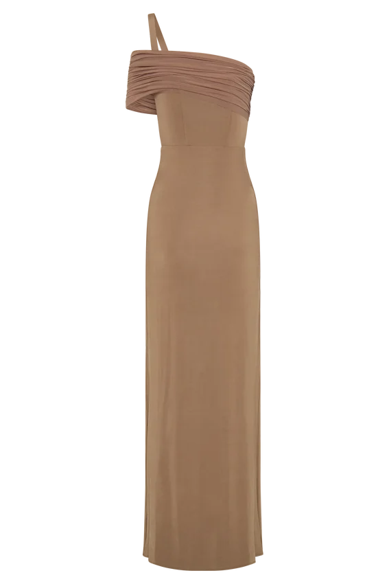 Hanh One Shoulder Mesh Maxi Dress – Tan Hanh One Shoulder Mesh Maxi Dress – Tan