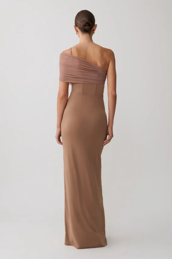 Hanh One Shoulder Mesh Maxi Dress – Tan Hanh One Shoulder Mesh Maxi Dress – Tan