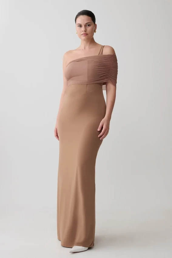 Hanh One Shoulder Mesh Maxi Dress – Tan Hanh One Shoulder Mesh Maxi Dress – Tan