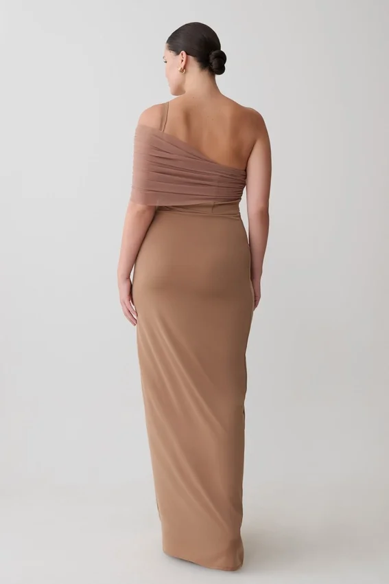 Hanh One Shoulder Mesh Maxi Dress – Tan Hanh One Shoulder Mesh Maxi Dress – Tan